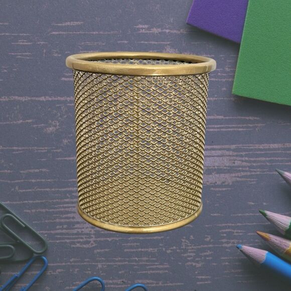 2 Pack Pen Holder Metal Mesh Pencil Holders Round Shaped Pen Holders (Gold) - Picture 3 of 4